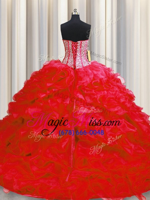 wholesale new arrival visible boning organza sweetheart sleeveless lace up beading and ruffles ball gown prom dress in red