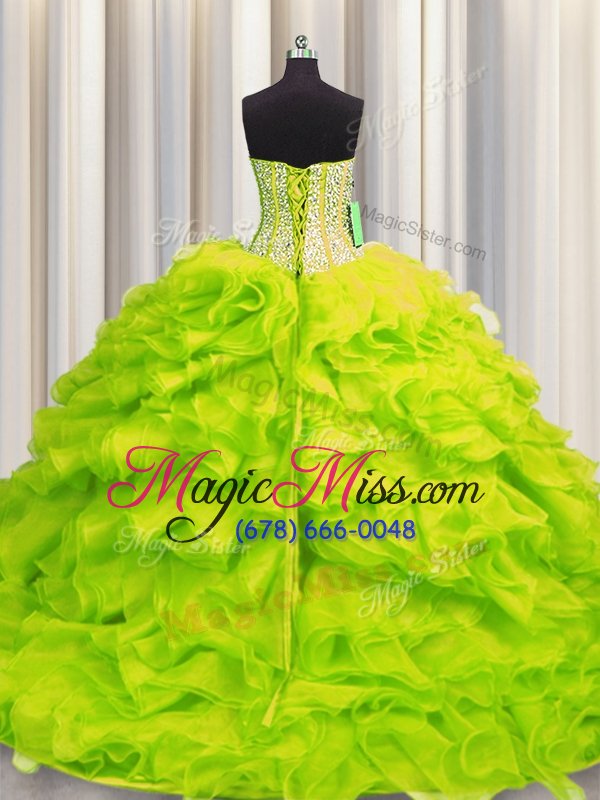 wholesale cheap visible boning yellow green lace up sweetheart beading and ruffles quinceanera dress organza sleeveless