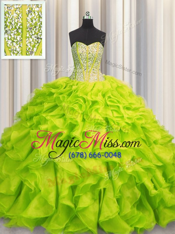 wholesale cheap visible boning yellow green lace up sweetheart beading and ruffles quinceanera dress organza sleeveless