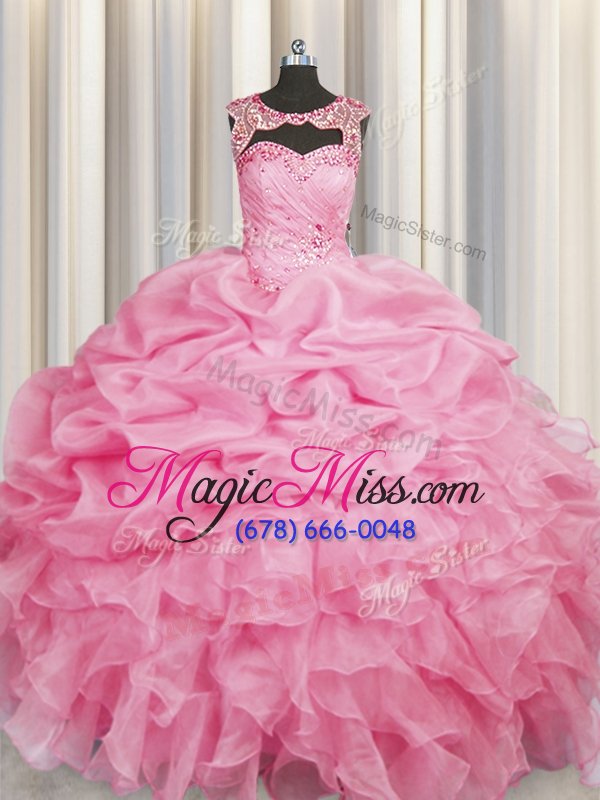 wholesale low price rose pink lace up scoop beading and pick ups sweet 16 dress organza sleeveless