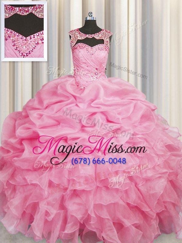 wholesale low price rose pink lace up scoop beading and pick ups sweet 16 dress organza sleeveless