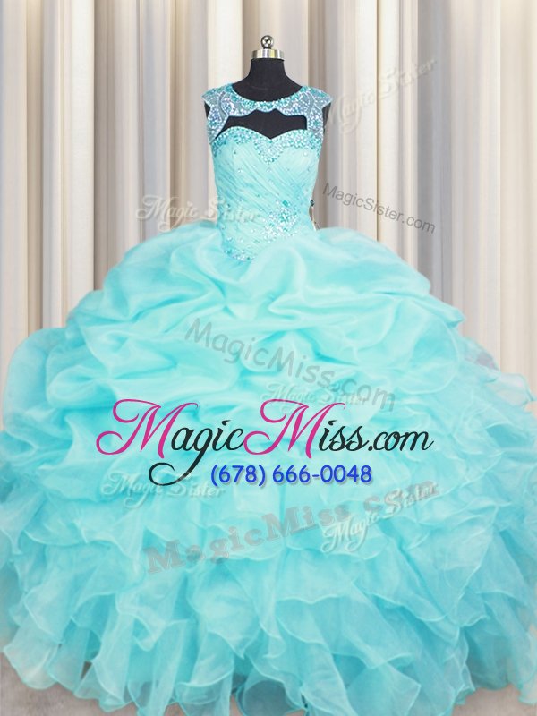 wholesale flirting scoop floor length lace up 15th birthday dress aqua blue and in for military ball and sweet 16 and quinceanera with beading and pick ups