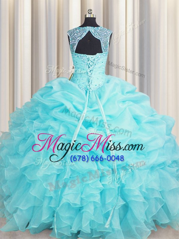 wholesale flirting scoop floor length lace up 15th birthday dress aqua blue and in for military ball and sweet 16 and quinceanera with beading and pick ups