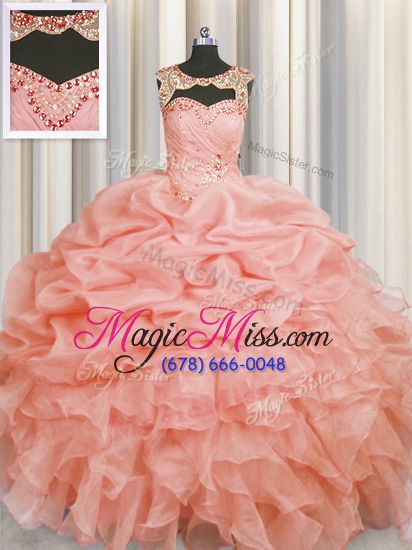 wholesale top selling baby pink organza lace up scoop sleeveless floor length 15th birthday dress beading and pick ups