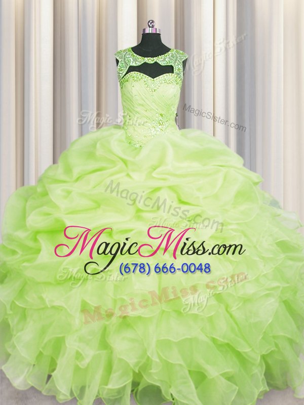 wholesale luxury pick ups scoop sleeveless lace up sweet 16 dress yellow green organza