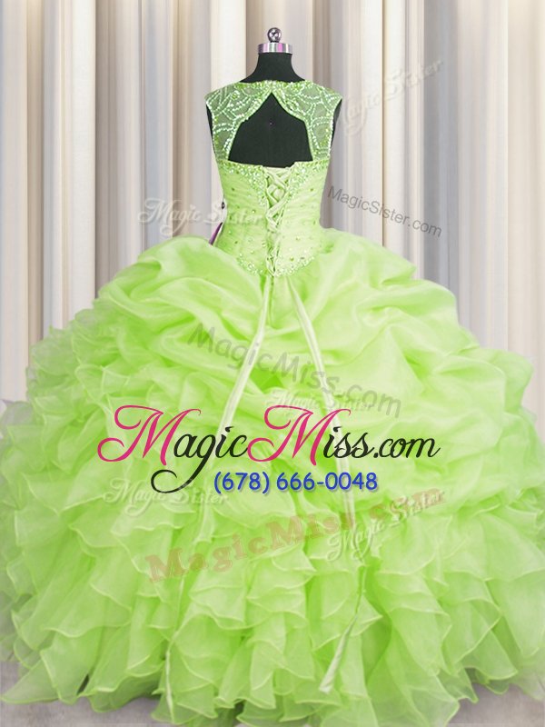 wholesale luxury pick ups scoop sleeveless lace up sweet 16 dress yellow green organza