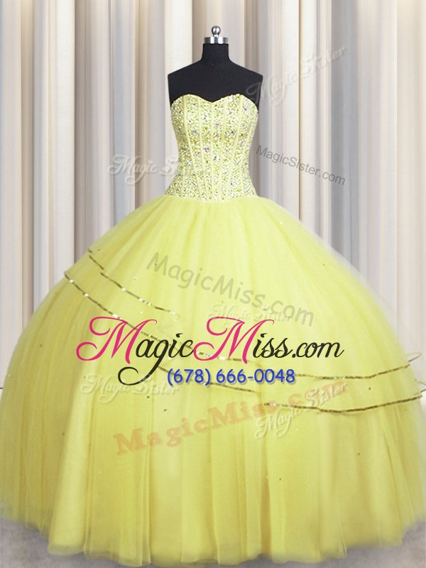 wholesale glittering visible boning really puffy tulle sleeveless floor length quinceanera gown and beading