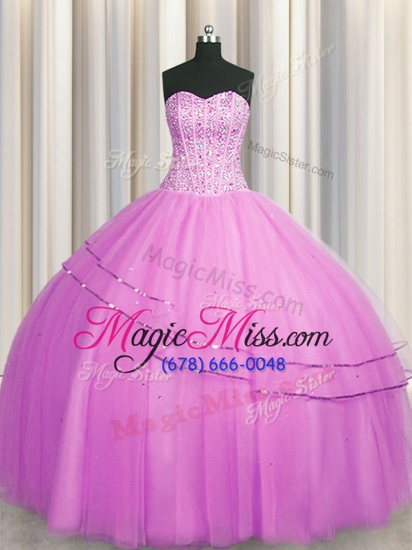 wholesale smart visible boning really puffy lilac sleeveless tulle lace up quince ball gowns for military ball and sweet 16 and quinceanera