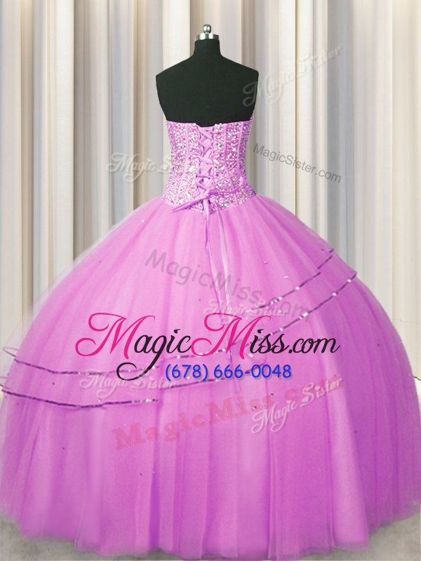 wholesale smart visible boning really puffy lilac sleeveless tulle lace up quince ball gowns for military ball and sweet 16 and quinceanera