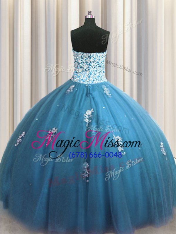 wholesale beading and appliques ball gown prom dress teal lace up sleeveless floor length