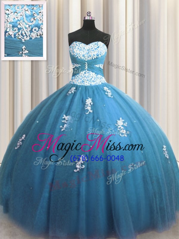 wholesale beading and appliques ball gown prom dress teal lace up sleeveless floor length