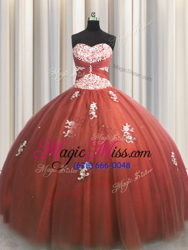 wholesale flare rust red sweetheart neckline beading and appliques quinceanera gowns sleeveless lace up