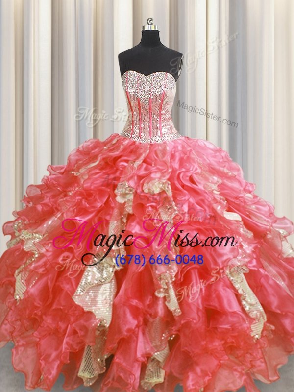 wholesale beautiful visible boning watermelon red sweetheart neckline beading and ruffles and sequins sweet 16 quinceanera dress sleeveless lace up