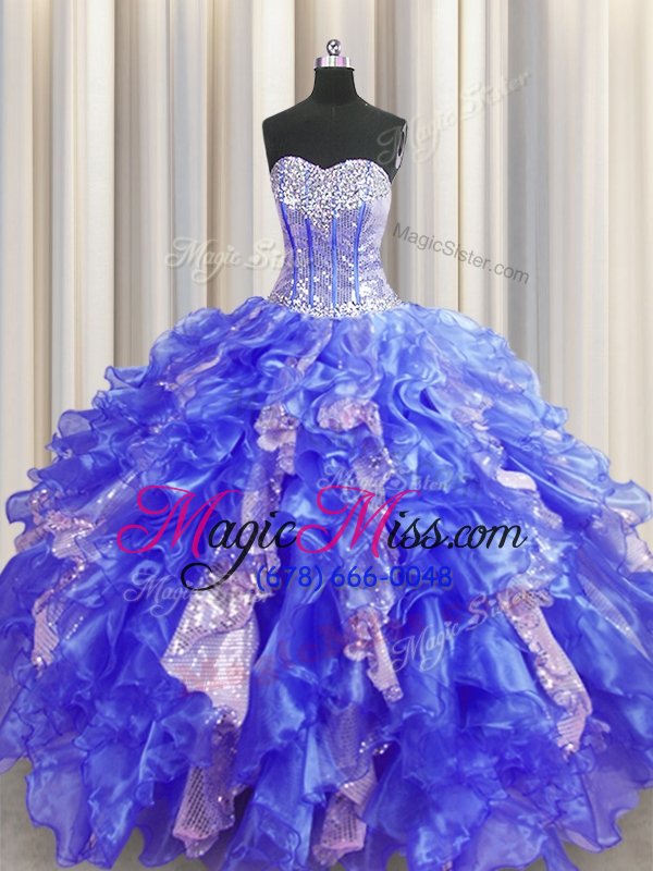 wholesale hot sale visible boning royal blue sleeveless floor length beading and ruffles and sequins lace up vestidos de quinceanera