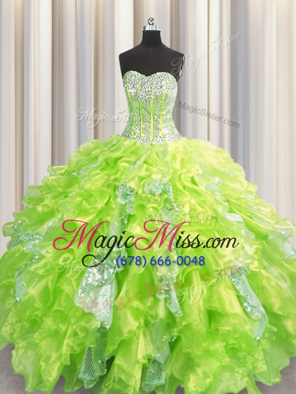 wholesale traditional visible boning yellow green organza and sequined lace up sweetheart sleeveless floor length 15 quinceanera dress beading and ruffles and sequins