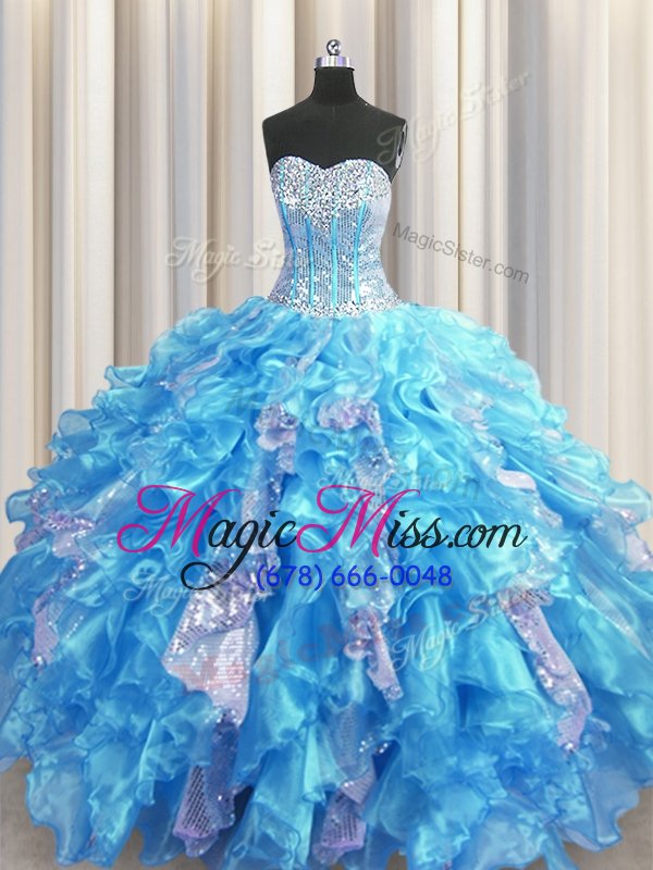 wholesale visible boning sleeveless organza and sequined floor length lace up quinceanera dresses in baby blue for with beading and ruffles and sequins