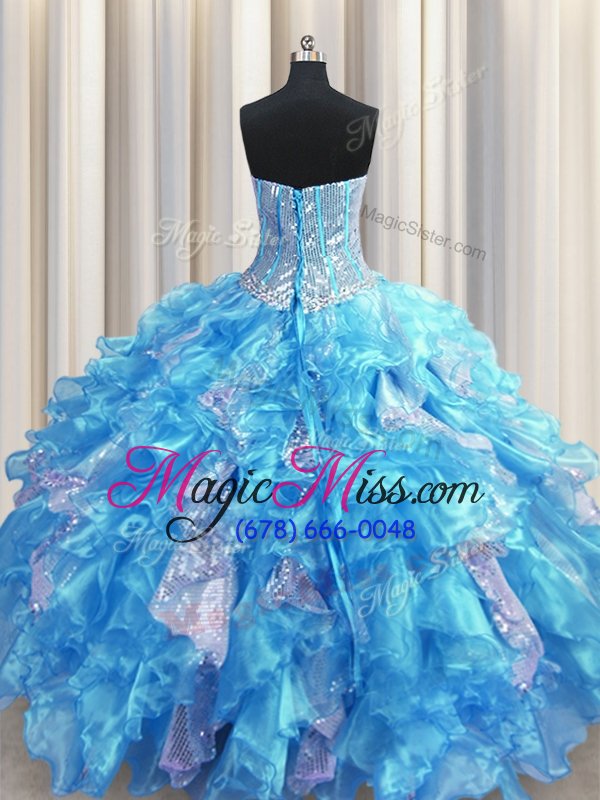 wholesale visible boning sleeveless organza and sequined floor length lace up quinceanera dresses in baby blue for with beading and ruffles and sequins