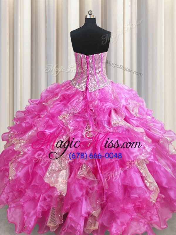 wholesale fabulous visible boning fuchsia sleeveless floor length beading and ruffles and sequins lace up quinceanera gown