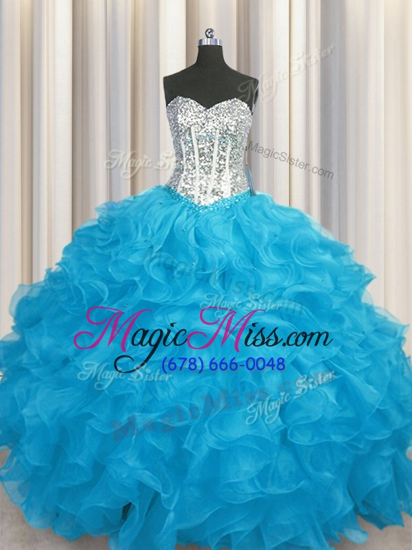 wholesale discount aqua blue sweetheart neckline beading and ruffles quinceanera dress long sleeves lace up