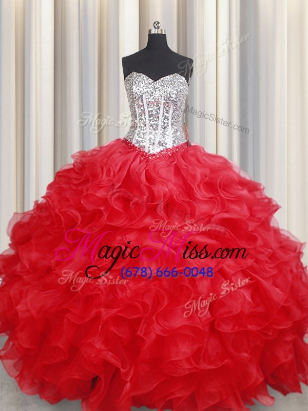 wholesale fabulous red organza lace up sweetheart sleeveless floor length 15 quinceanera dress beading and ruffles
