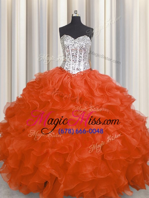 wholesale vintage orange red ball gowns sweetheart sleeveless organza floor length lace up beading and ruffles quinceanera dress