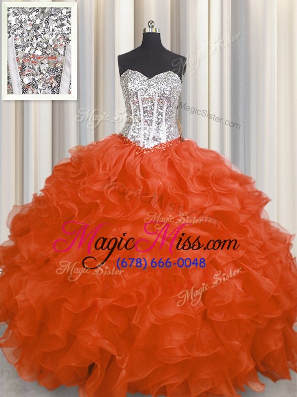 wholesale vintage orange red ball gowns sweetheart sleeveless organza floor length lace up beading and ruffles quinceanera dress