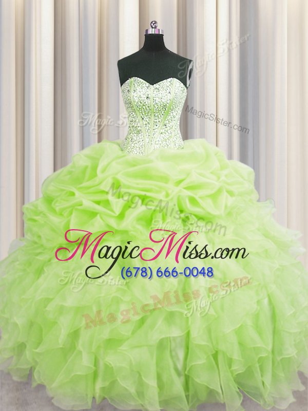 wholesale custom designed visible boning yellow green sweetheart lace up beading and ruffles and pick ups sweet 16 dresses sleeveless