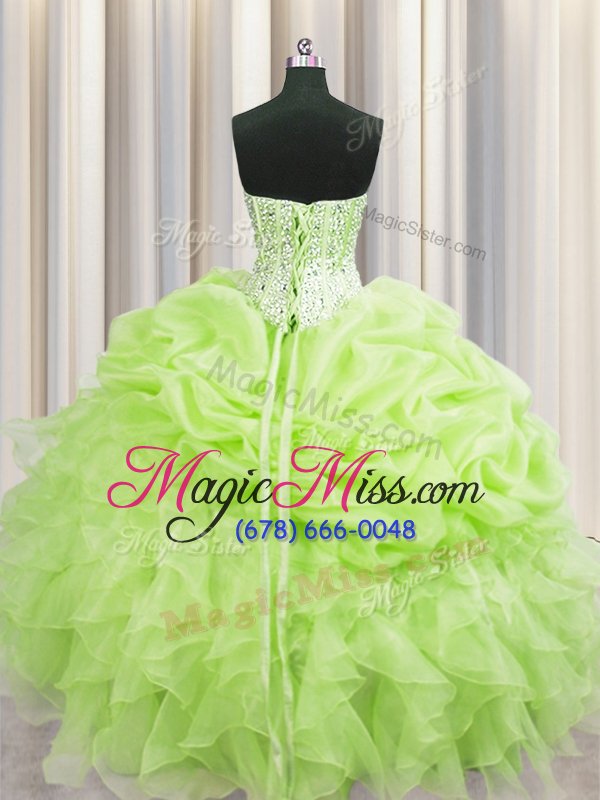 wholesale custom designed visible boning yellow green sweetheart lace up beading and ruffles and pick ups sweet 16 dresses sleeveless