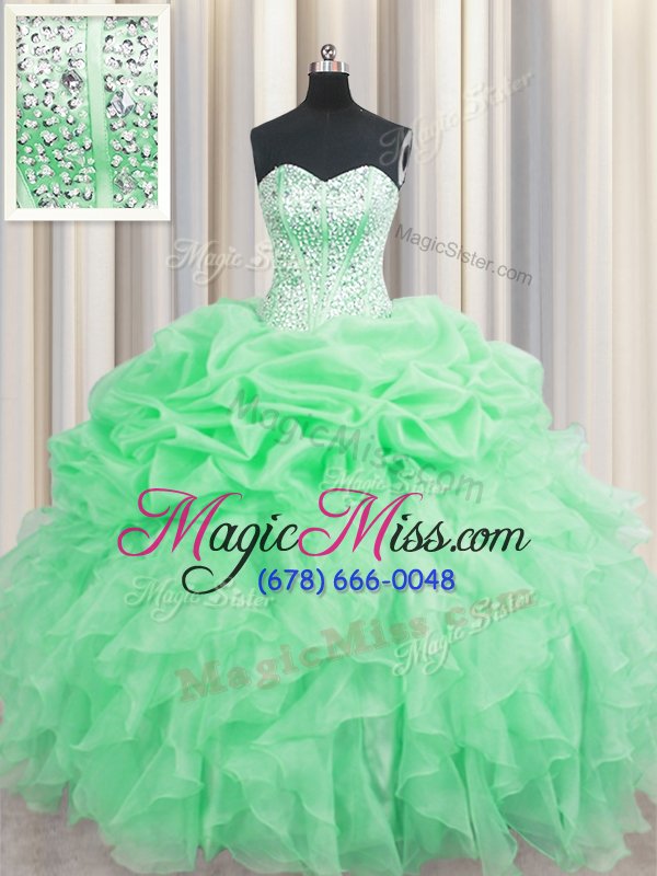wholesale chic visible boning apple green organza lace up sweetheart sleeveless floor length sweet 16 quinceanera dress beading and ruffles and pick ups