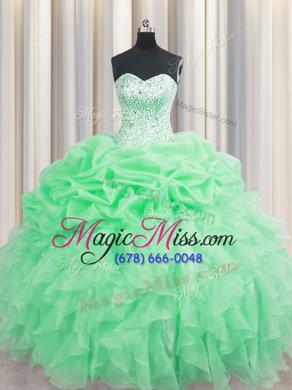 wholesale chic visible boning apple green organza lace up sweetheart sleeveless floor length sweet 16 quinceanera dress beading and ruffles and pick ups