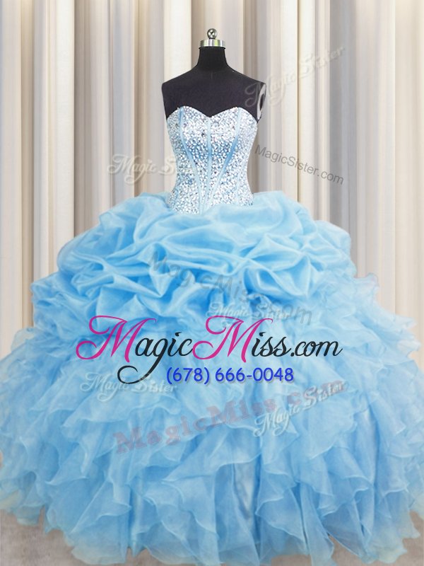 wholesale clearance pick ups visible boning baby blue sleeveless organza lace up quinceanera gowns for military ball and sweet 16 and quinceanera