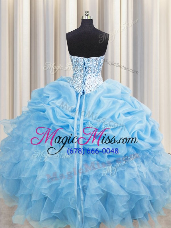 wholesale clearance pick ups visible boning baby blue sleeveless organza lace up quinceanera gowns for military ball and sweet 16 and quinceanera