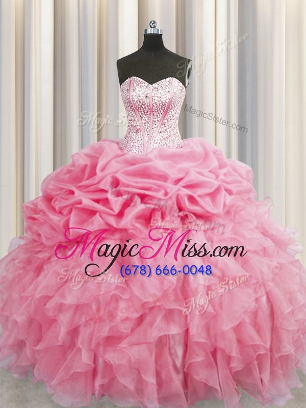 wholesale lovely visible boning sleeveless floor length beading and ruffles lace up quinceanera gowns with rose pink
