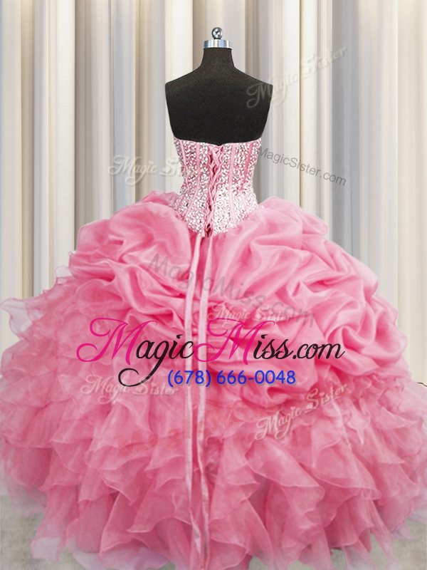 wholesale lovely visible boning sleeveless floor length beading and ruffles lace up quinceanera gowns with rose pink