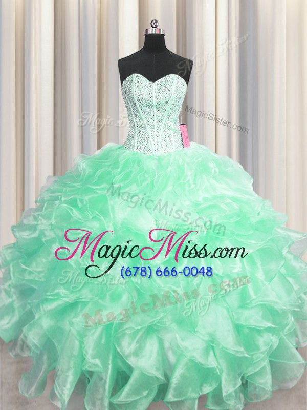wholesale enchanting visible boning apple green ball gowns beading and ruffles vestidos de quinceanera zipper organza sleeveless floor length