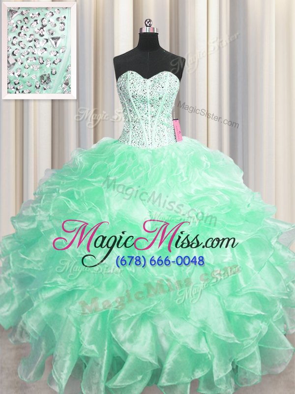 wholesale enchanting visible boning apple green ball gowns beading and ruffles vestidos de quinceanera zipper organza sleeveless floor length