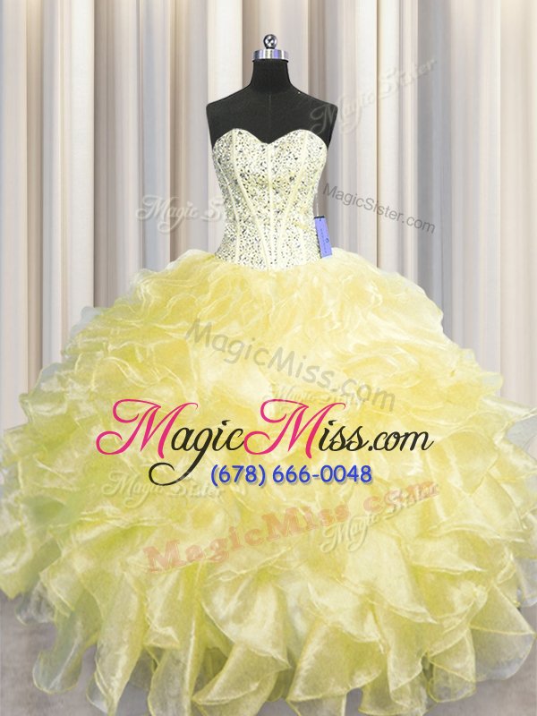 wholesale on sale visible boning zipper up sweetheart sleeveless zipper quinceanera gowns light yellow organza
