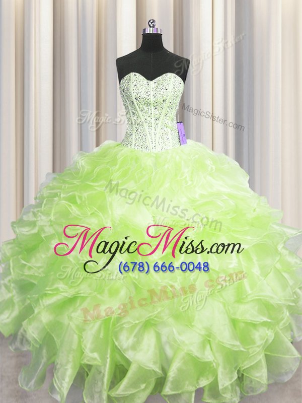 wholesale free and easy visible boning yellow green sleeveless beading and ruffles floor length 15 quinceanera dress