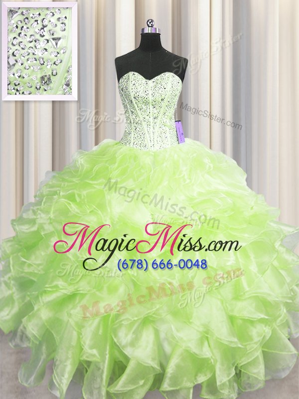 wholesale free and easy visible boning yellow green sleeveless beading and ruffles floor length 15 quinceanera dress