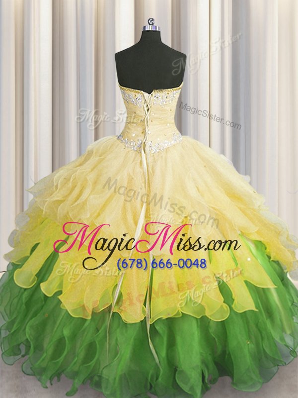 wholesale glorious floor length multi-color sweet 16 quinceanera dress organza sleeveless beading and ruffles and ruffled layers and sequins