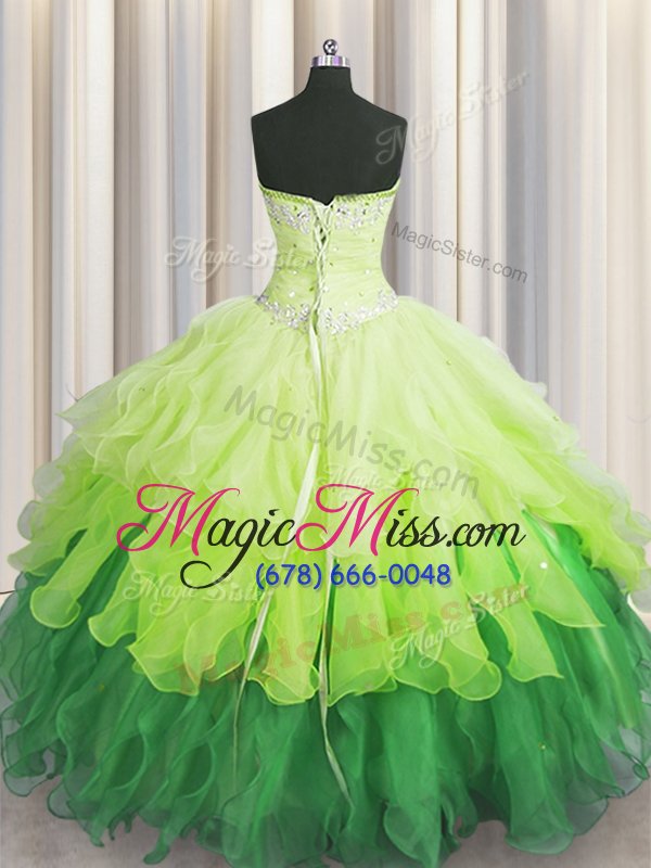 wholesale custom fit multi-color organza lace up sweetheart sleeveless floor length quinceanera dress beading and ruffles and ruffled layers and sequins