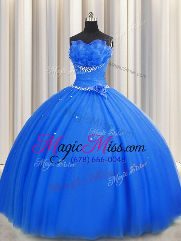 wholesale trendy handcrafted flower sleeveless tulle floor length lace up sweet 16 dress in blue for with beading and sequins and hand made flower
