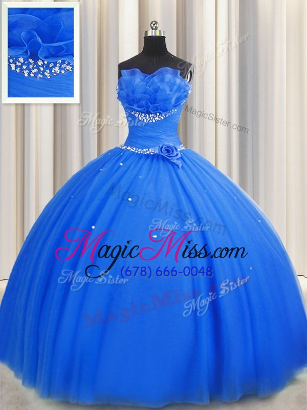 wholesale trendy handcrafted flower sleeveless tulle floor length lace up sweet 16 dress in blue for with beading and sequins and hand made flower
