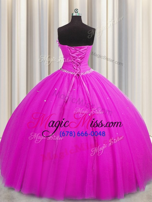 wholesale sumptuous handcrafted flower beading and sequins and hand made flower sweet 16 quinceanera dress fuchsia lace up sleeveless floor length