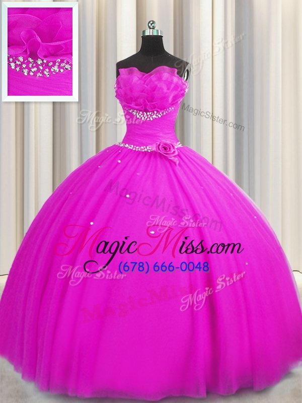 wholesale sumptuous handcrafted flower beading and sequins and hand made flower sweet 16 quinceanera dress fuchsia lace up sleeveless floor length