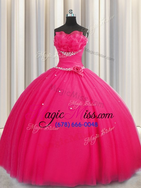 wholesale exceptional handcrafted flower beading and sequins and hand made flower quince ball gowns hot pink lace up sleeveless floor length