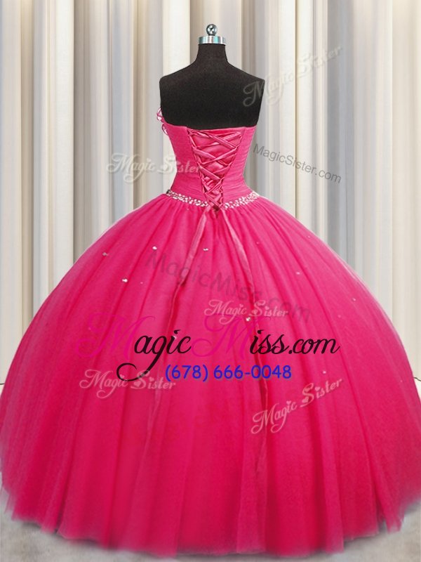 wholesale exceptional handcrafted flower beading and sequins and hand made flower quince ball gowns hot pink lace up sleeveless floor length