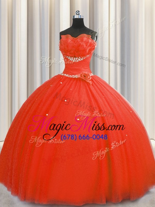 wholesale smart handcrafted flower coral red tulle lace up quince ball gowns sleeveless floor length beading and sequins and hand made flower