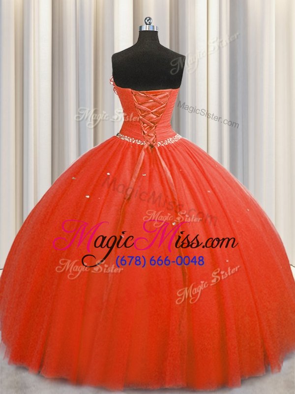 wholesale smart handcrafted flower coral red tulle lace up quince ball gowns sleeveless floor length beading and sequins and hand made flower