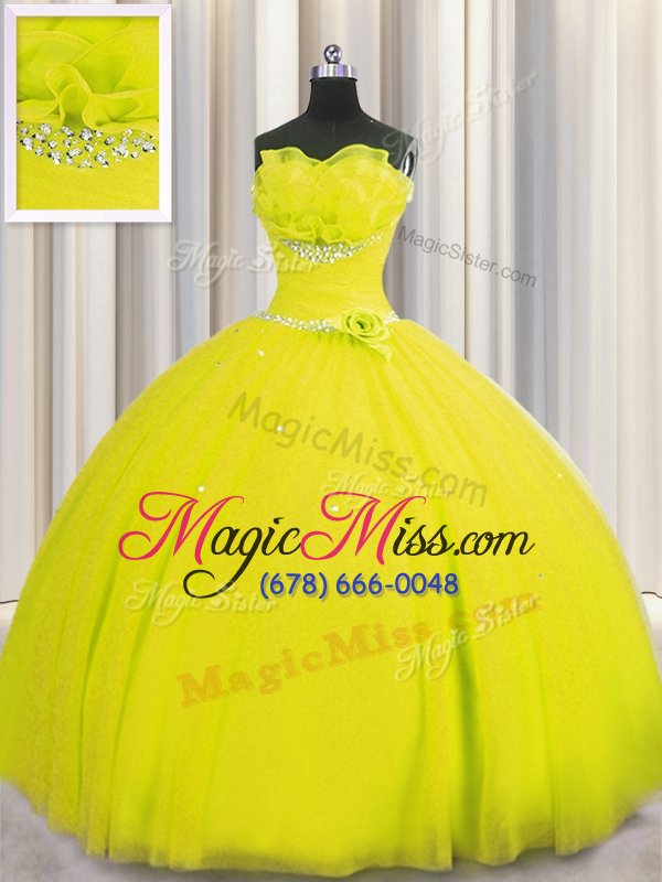 wholesale delicate handcrafted flower strapless sleeveless vestidos de quinceanera floor length beading and sequins and hand made flower yellow tulle